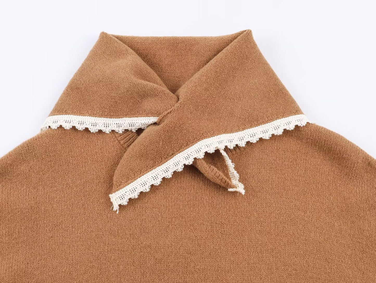 Women's lace headscarf decoration O Neck knitted sweater