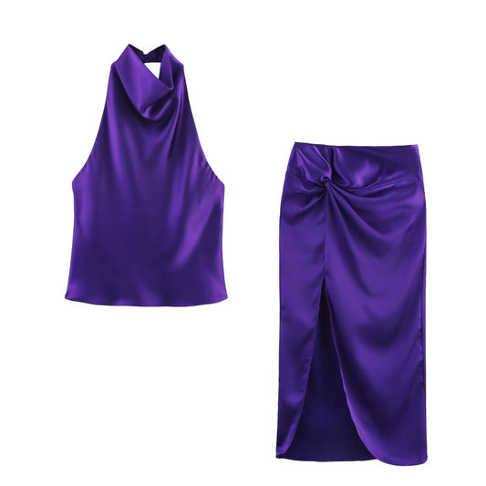 Women's new fashion satin texture hanging neck sleeveless top+Skirts