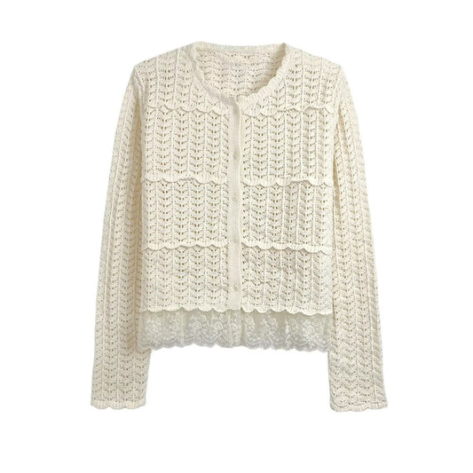 Women's new fashion O Neck long sleeved patchwork hem knitted cardigan