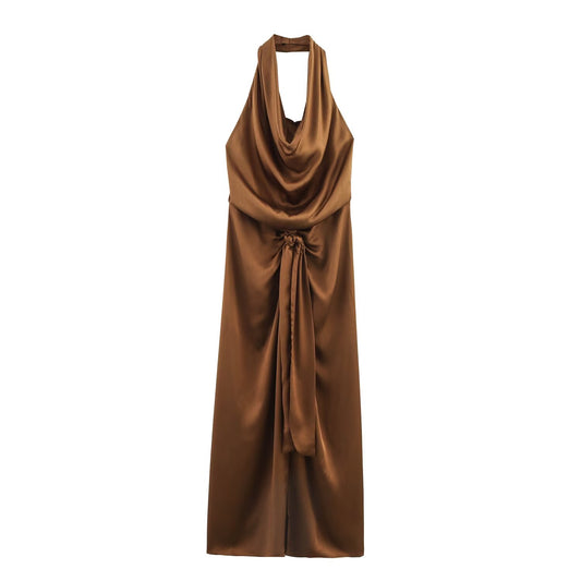 Women's 2025 New Fashion Satin Texture Hanging Neck Collar Midi Dress