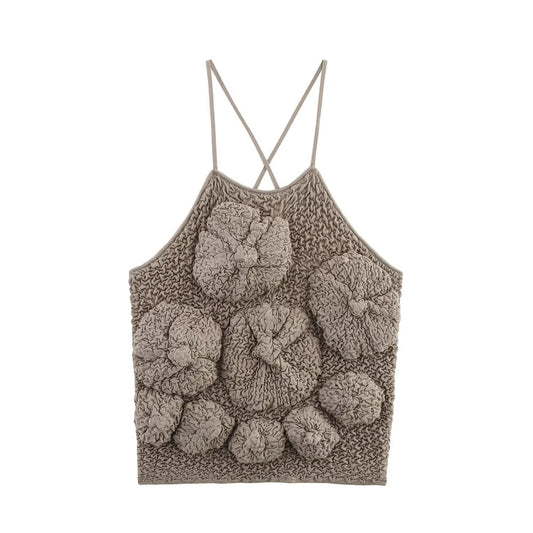 Women's New Fashion fluffy texture design sleeveless hanging neck collar top