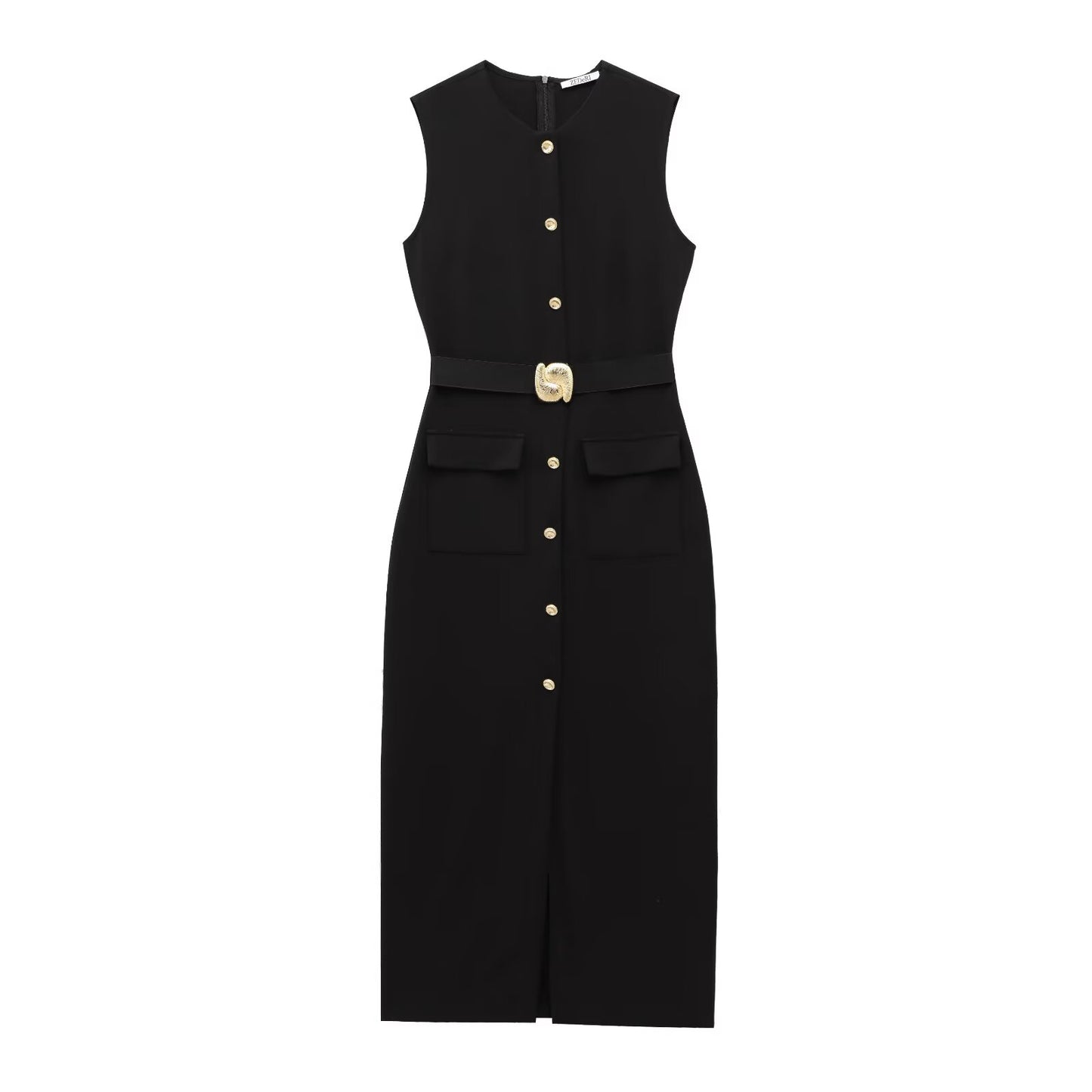 Women's new chic Fashion With belt slim single breasted Midi dress retro sleeveless women's dress