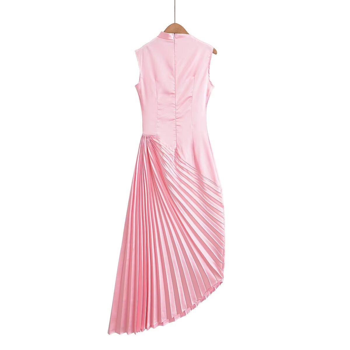 Women's new fashion pleated hem sleeveless satin texture MIDI dress