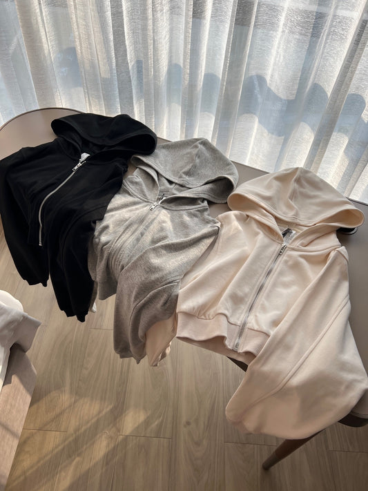 Women's New Fashion Joker Hooded Short Long Sleeve Zipper Sweater Coat.