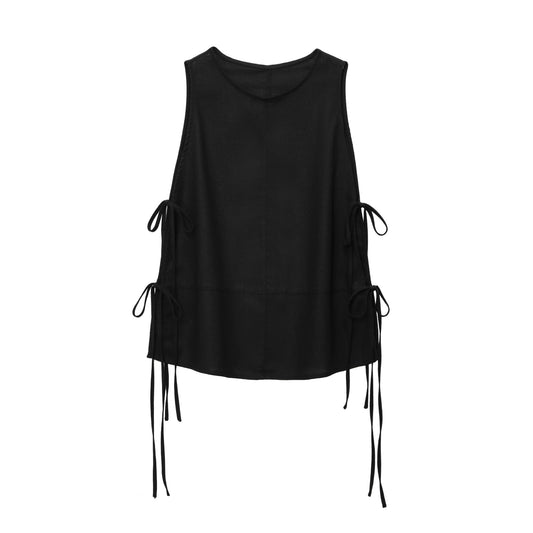 Women's new fashion bow Lace up design sleeveless linen blend top