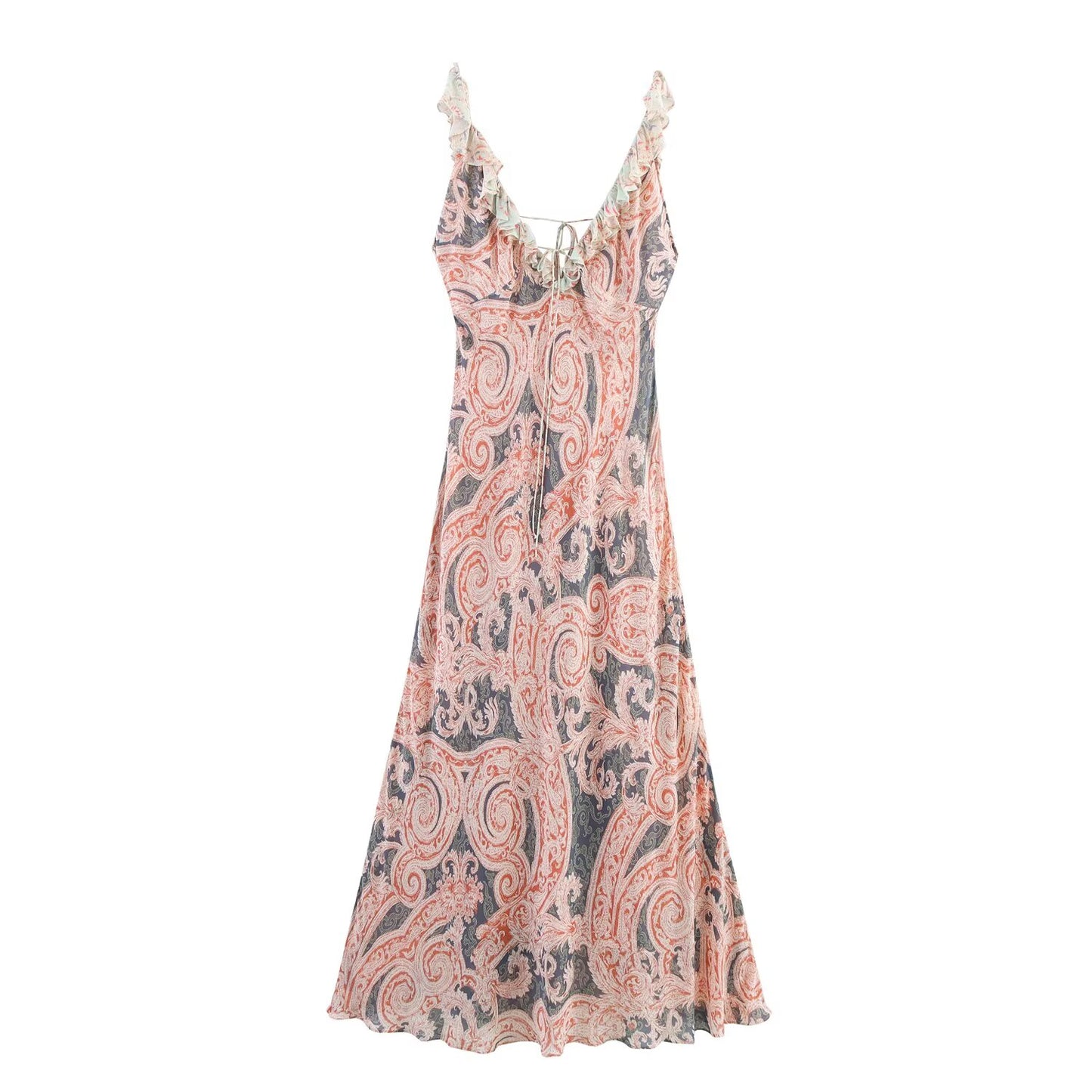 Women's new Fashion lingerie style printed V-neck suspender MIDI dress