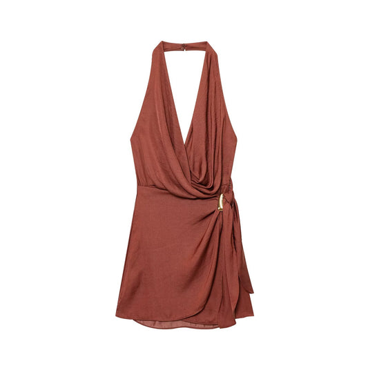 Women's 2025 fashion sexy backless pleated hanging neck mini dress
