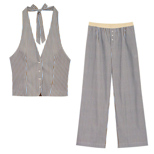 Women's new fashion striped halter neck vest style top retro sleeveless women's vest chic top+Pants Women's suit