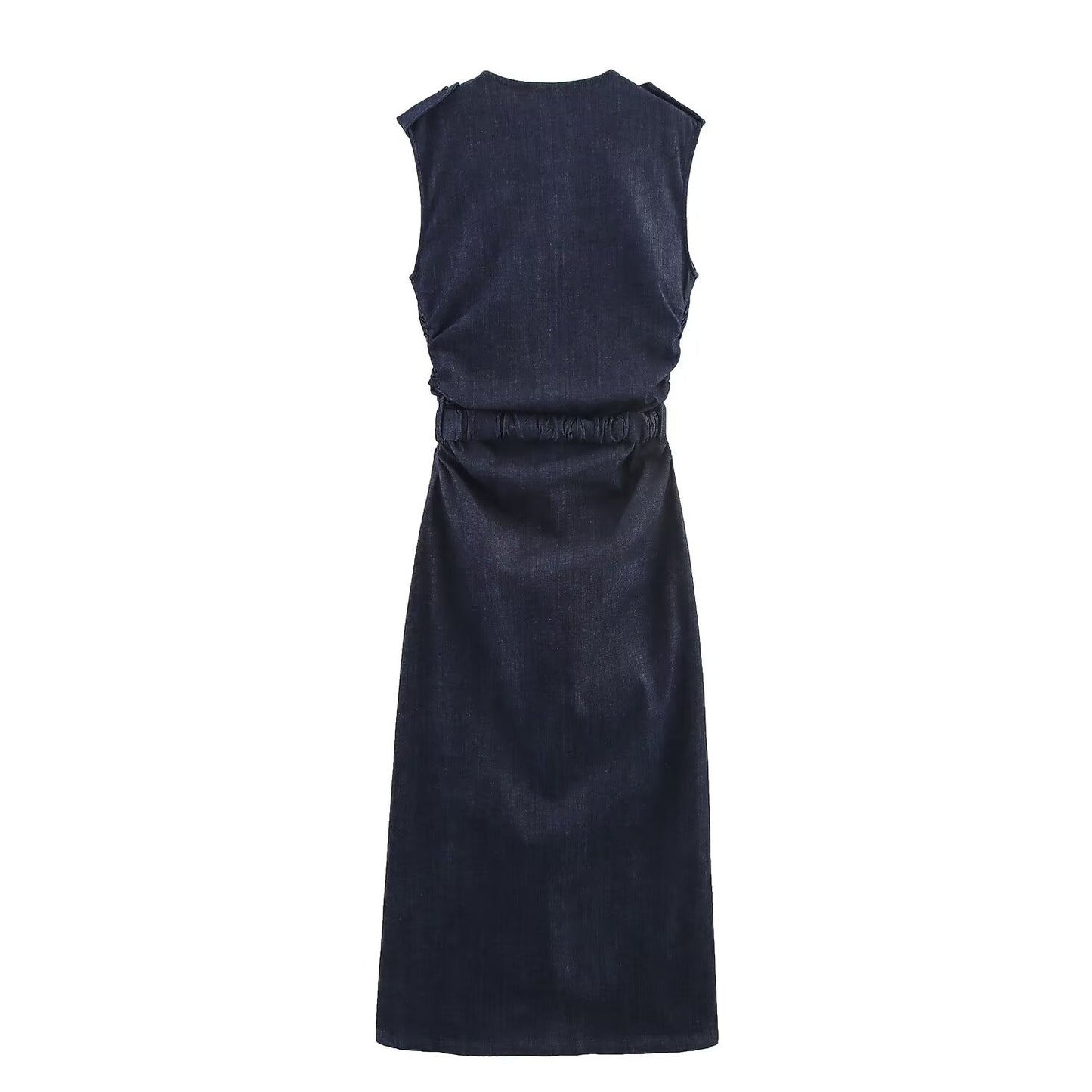 Women's new fashion with Belt slim pleated denim Midi dress