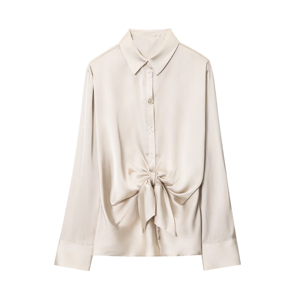 Women's new fashion knot decoration satin texture lapel shirt