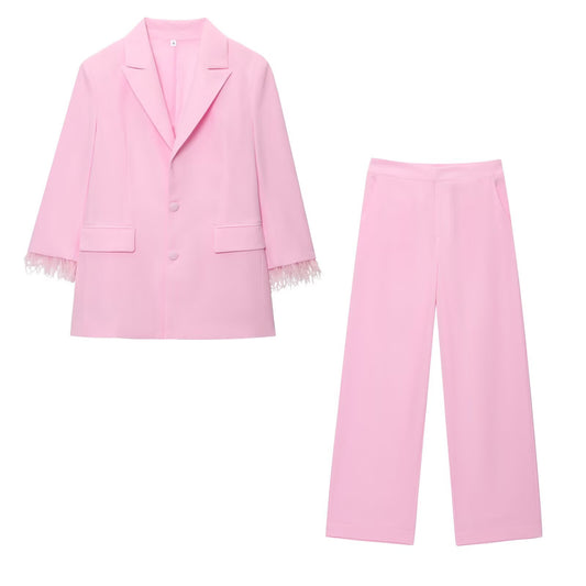 set Women's 2 pieces new fashion Feathered Cuff Casual Single breasted Suit Coat+Pants Suit