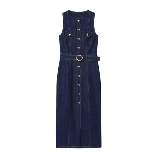 Women's new fashion with Belt slim O Neck denim Midi dress