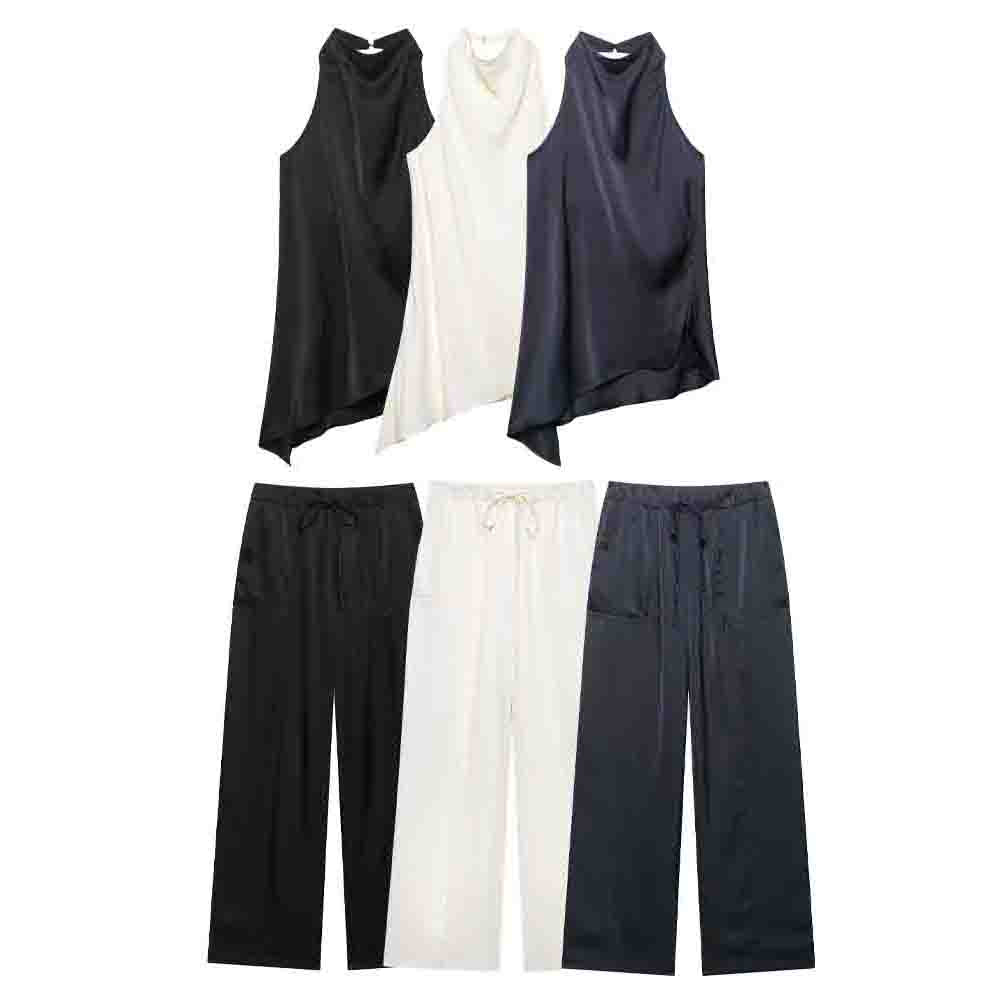 suit Women's 2 pieces fashion sleeveless satin texture hanging neck top+Pants suit