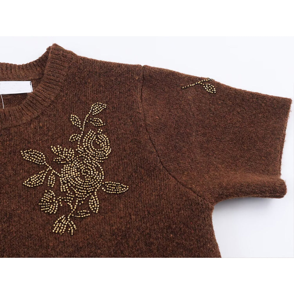 Women's beaded decorative short sleeved knitted sweater
