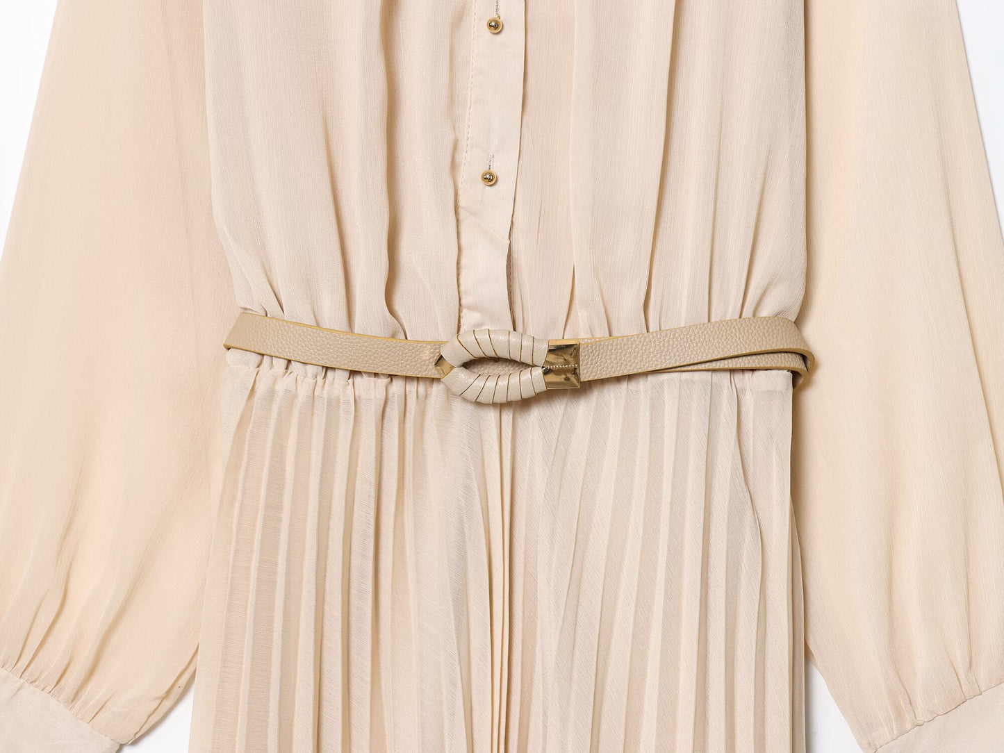 Women's New Fashion With Belt Long Sleeve Pleated Midi Dress