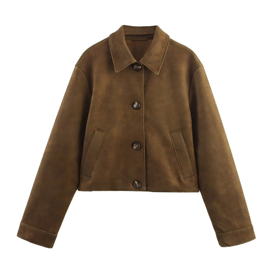 Women's new fashion suede effect short lapel jacket Coat