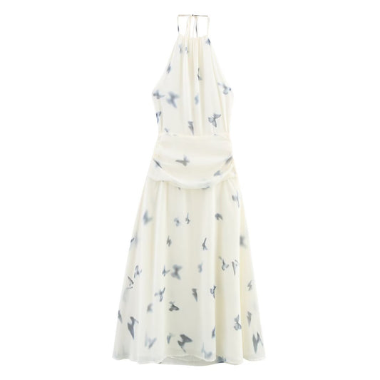 Women's new fashion sexy backless printed hanging neck MIDI dress