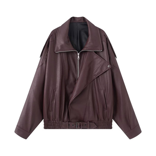 Women's with Belt loose zipper imitation leather jacket Coat