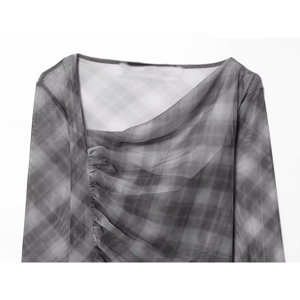 Women's new fashion pleated design slim plaid tulle T-shirt