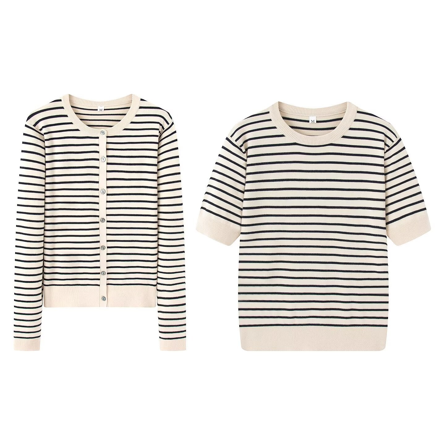 suit Women's 2 pieces O Neck striped knitted Coat+T-shirt