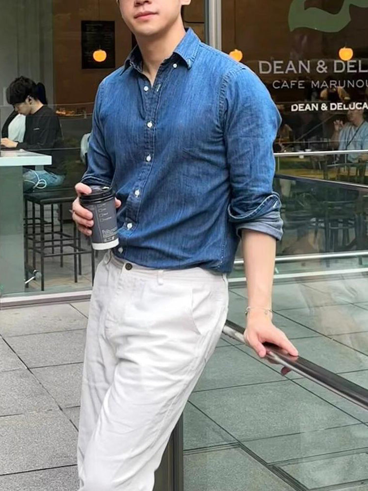 Men and Women with The Same New Casual Joker Denim Fabric Embroidered Couple Long Sleeve Shirt.