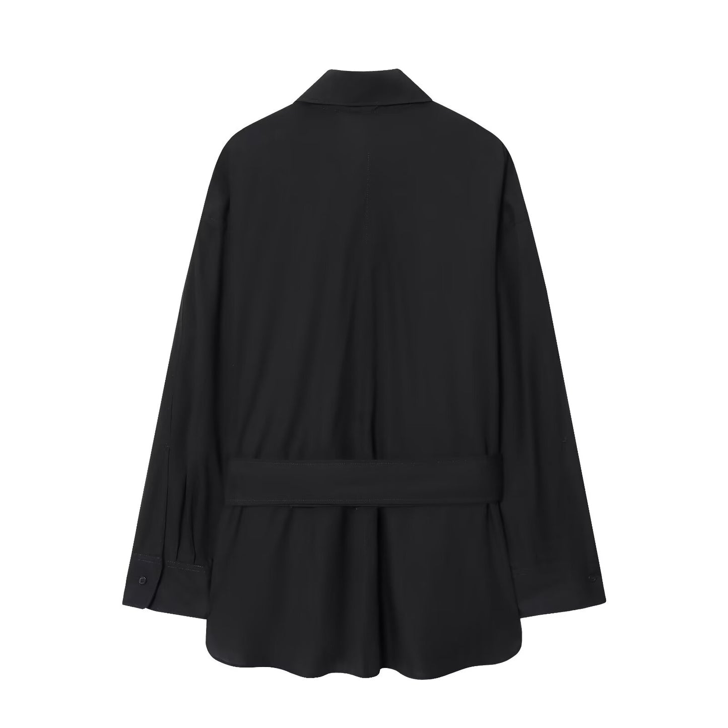 Women's 2025 New Fashion With Belt Black Poplin Button-up Shirt