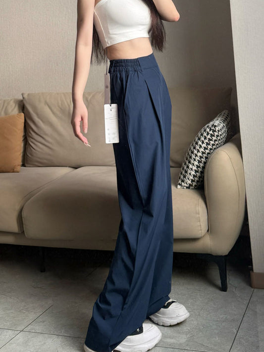 Women's New Casual Joker Loose Straight Elastic Waist Design Drape Wide-leg Pants.