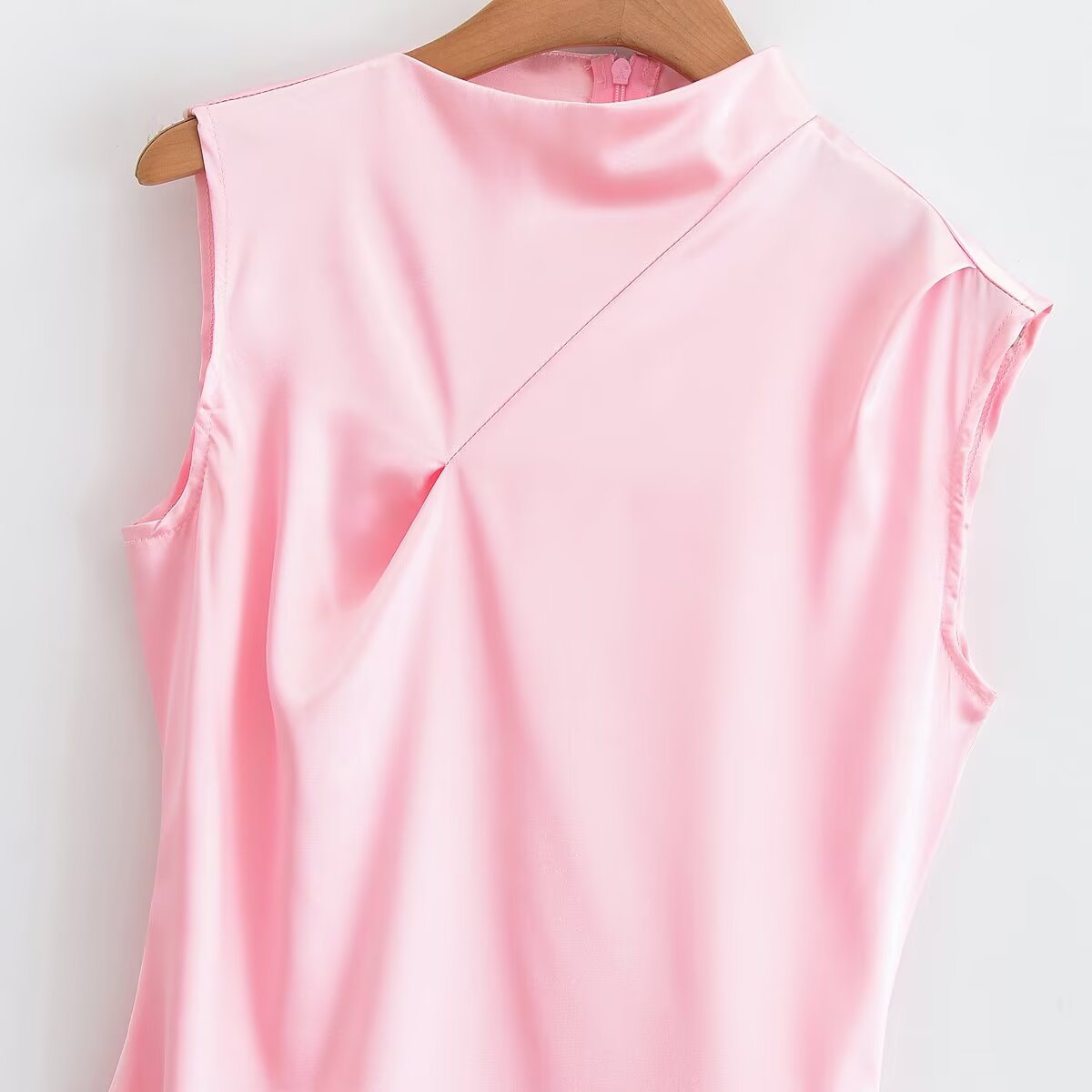 Women's new fashion pleated hem sleeveless satin texture MIDI dress