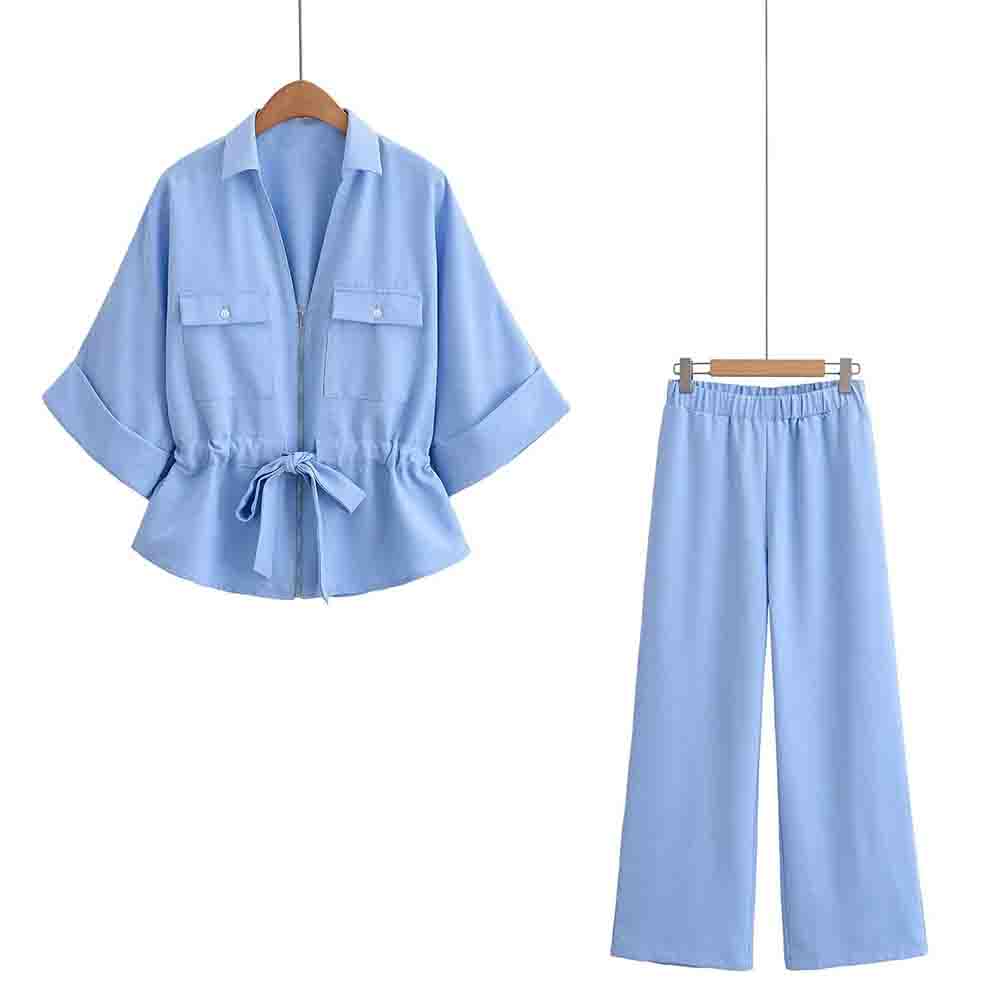 Women's fashion with Belt loose short sleeved lapel shirt+Pants suit