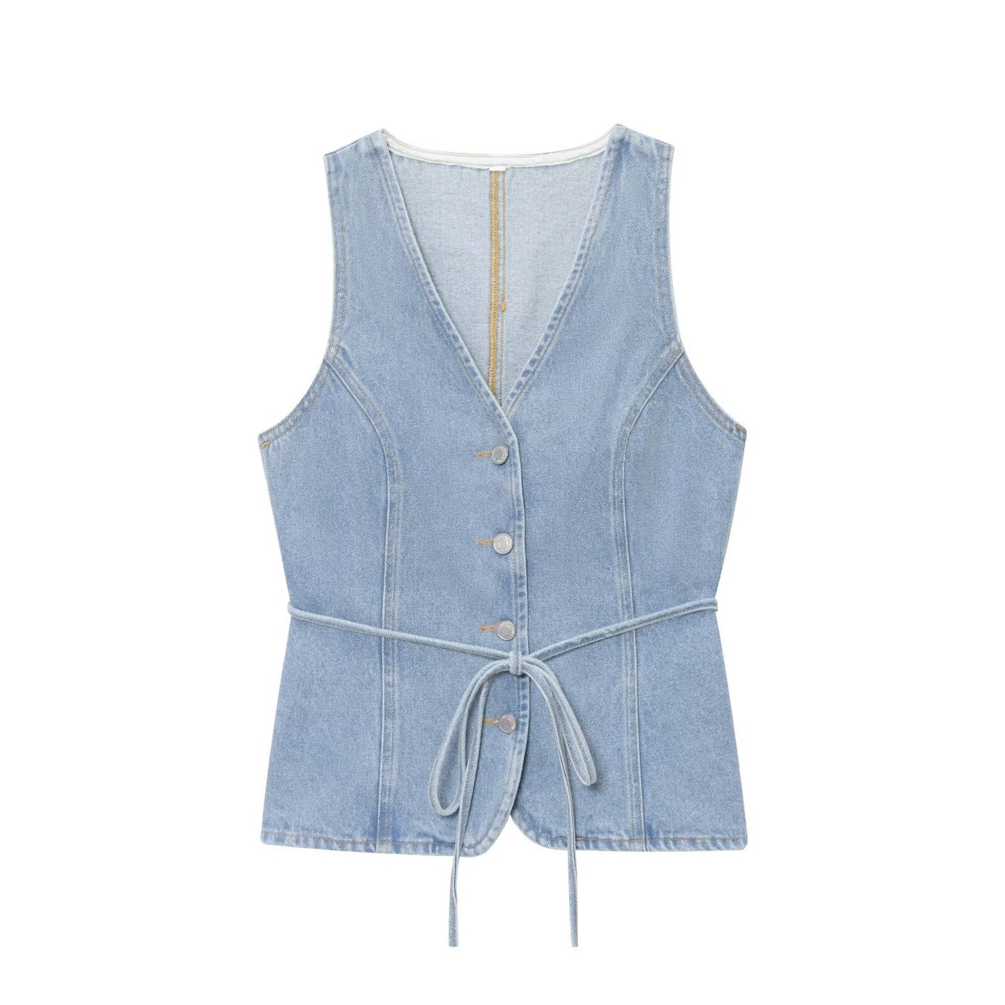 Women's new fashion with Belt sleeveless V-neck denim top+Jeans suit