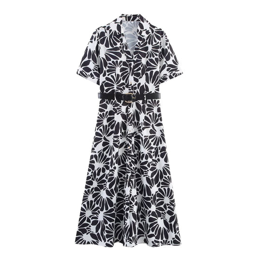 Women's New Fashion With Belt Short sleeved Printed Poplin Midi Dress