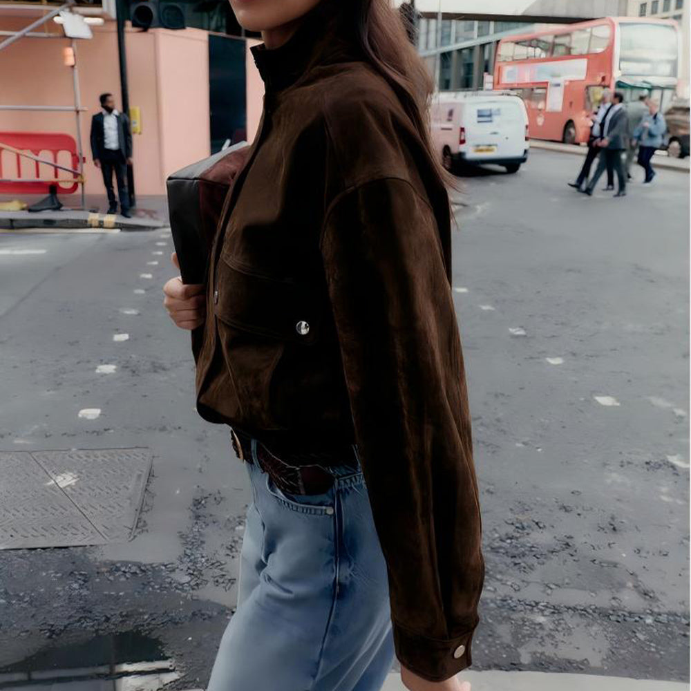 Women's new fashion Anti suede effect short standing collar flying jacket Coat