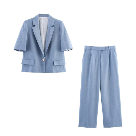 Women's 2025 new fashion short sleeved Button-up suit jacket+Pants suit