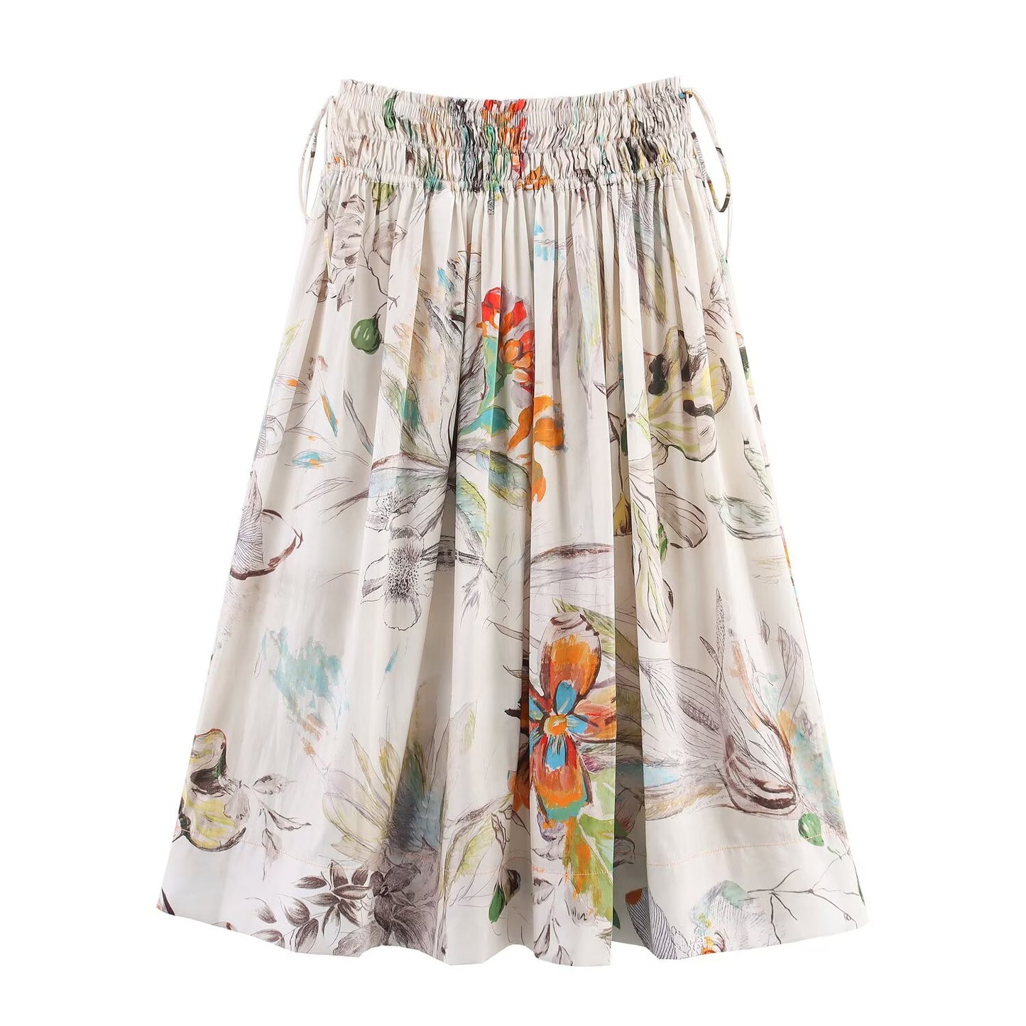 Women's new fashion elastic waist drawstring printed pleated MIDI skirt