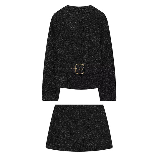 suit Women's 2 pieces with Belt O Neck textured Blazer Coat +skirt pants