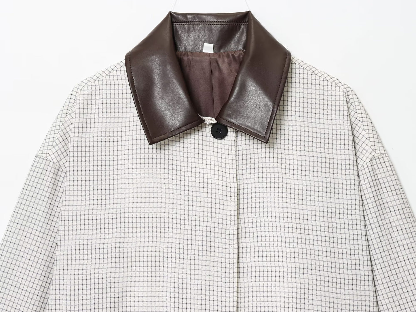 Women's new fashion leather collar design short plaid Windbreaker coat