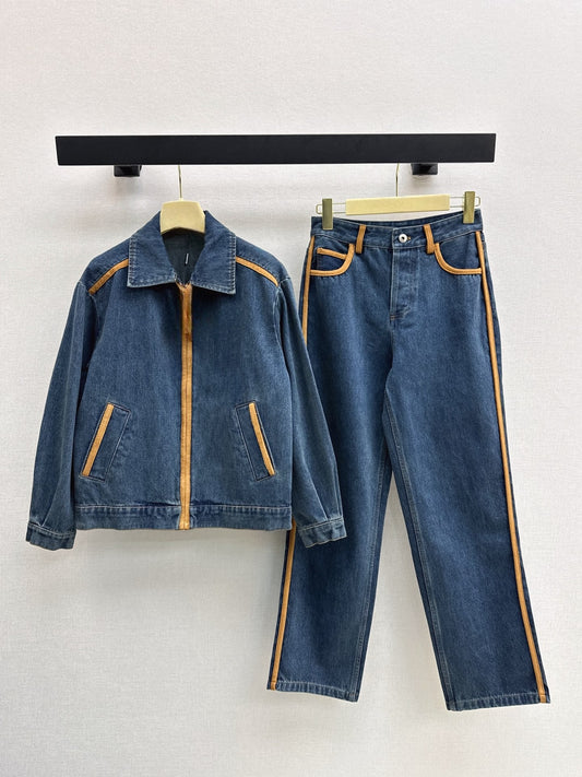 Women's split leather decorative denim fabric off-the-shoulder jacket coat+trousers