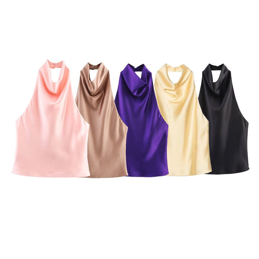 Women's 2025 new fashion satin texture sleeveless hanging neck collar top