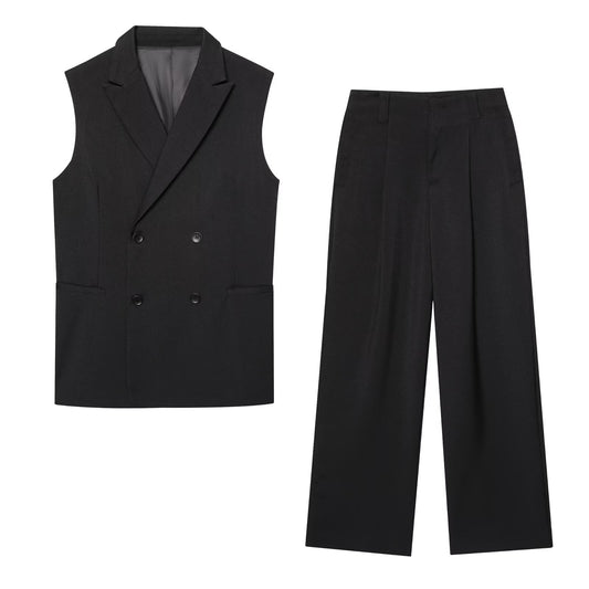 Women's 2025 new fashion loose double breasted lapel vest+Pants suit