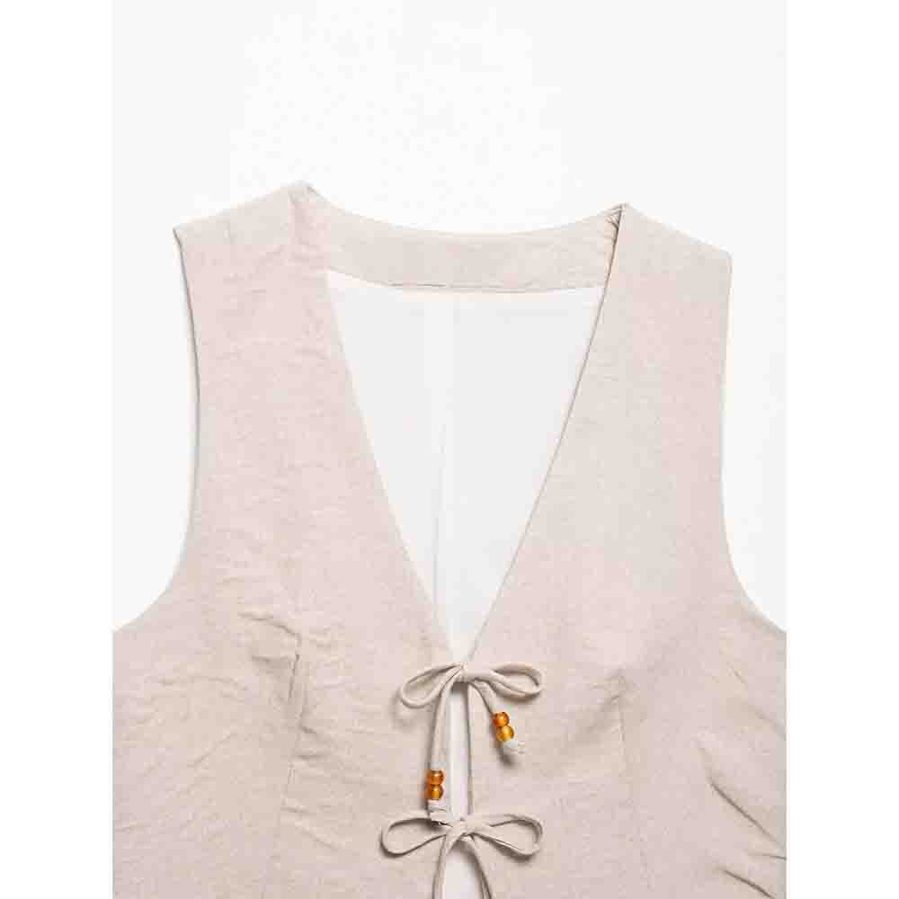 Set woman 2 pieces new short sleeveless linen blend V-neck vest+shorts suit