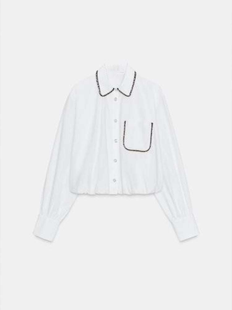 Women's new fashion bead decoration bubble sleeve poplin shirt