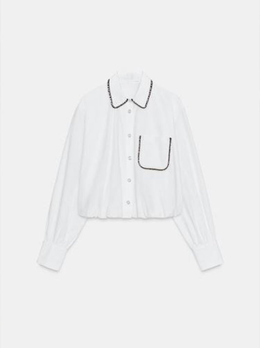 Women's new fashion bead decoration bubble sleeve poplin shirt