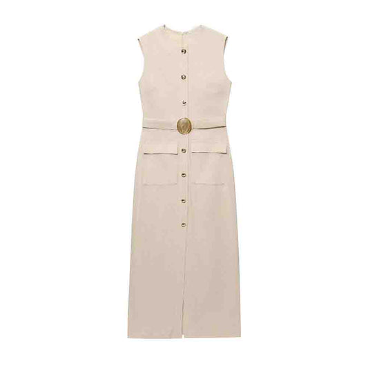 Women's new fashion buckle decoration sleeveless linen blended MIDI dress