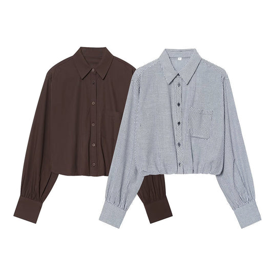 Women's balloon shaped short plaid poplin shirt