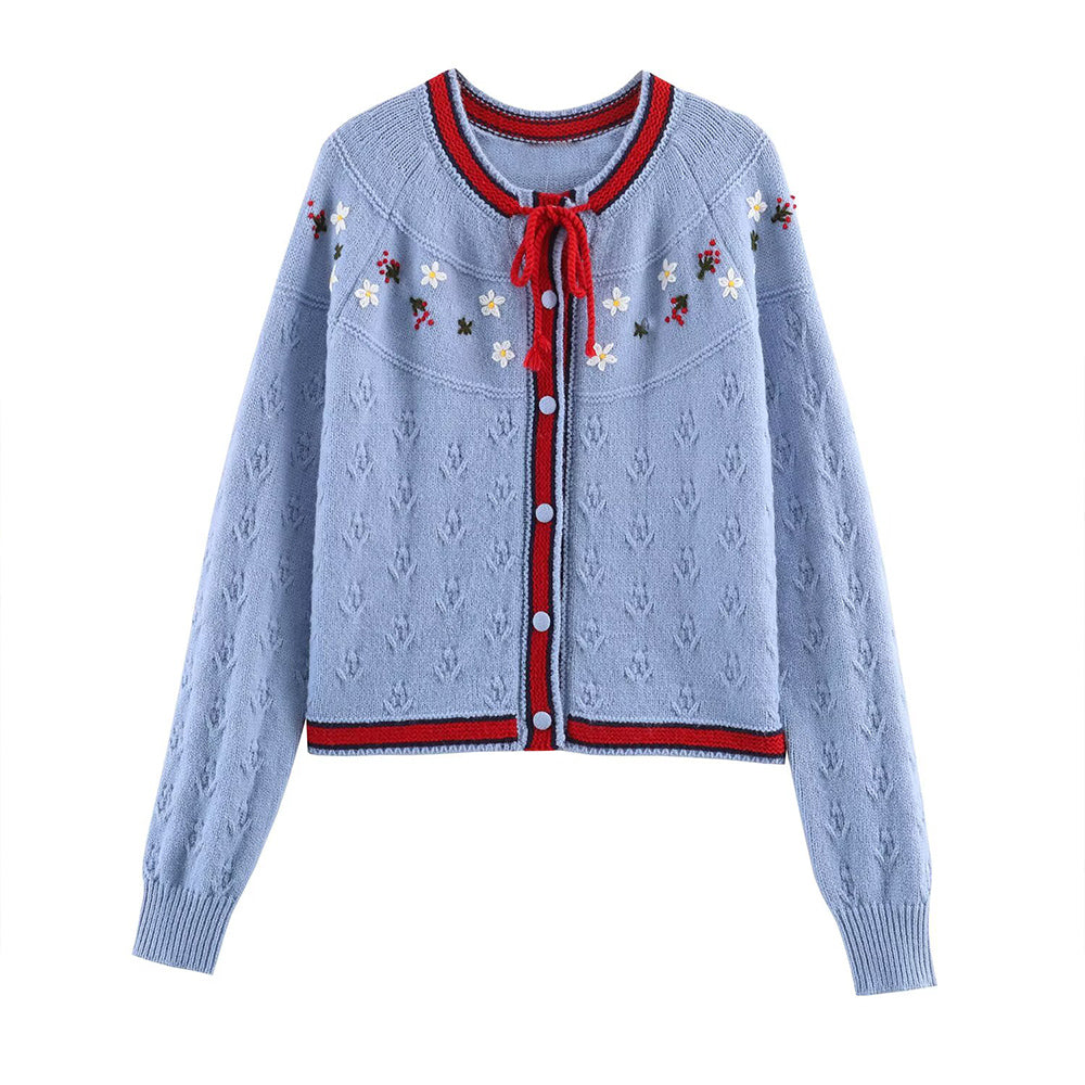 Women's embroidery decorative lace up knitted cardigan