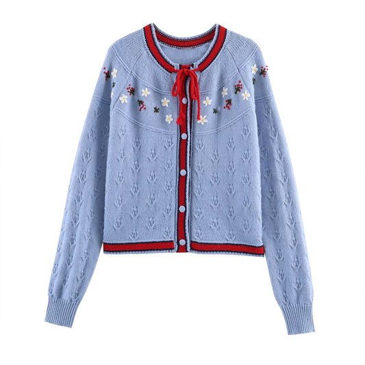 Women's embroidery decorative lace up knitted cardigan