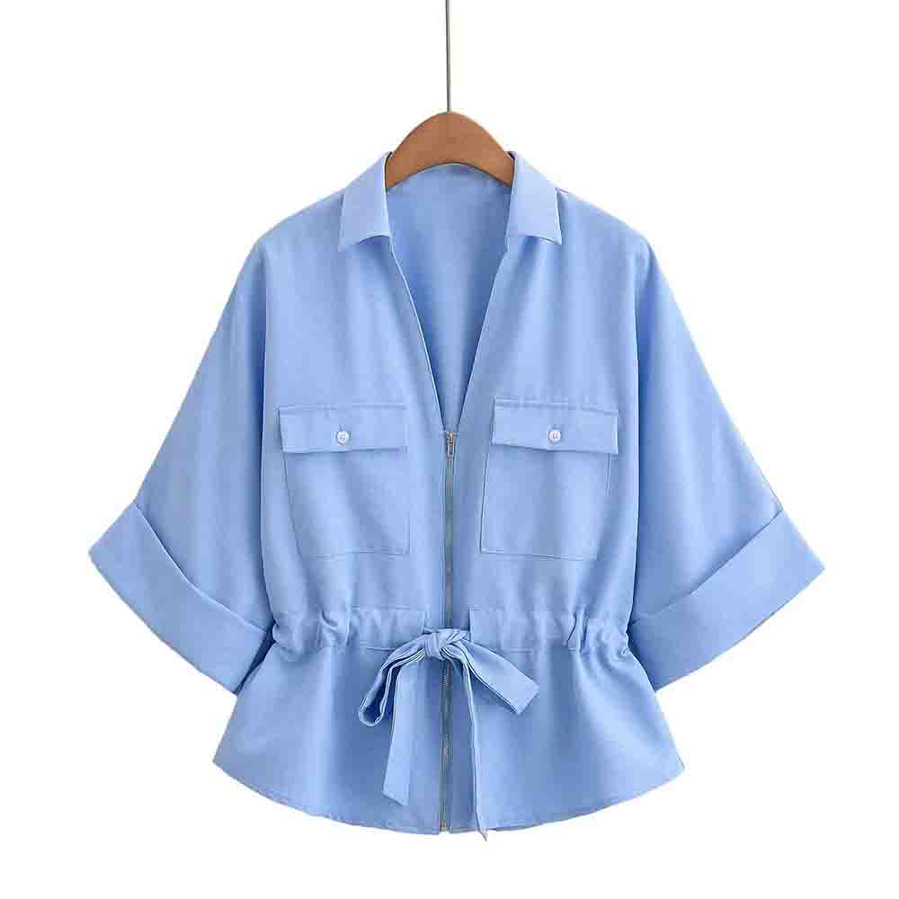 Women's fashion with Belt loose short sleeved lapel shirt+Pants suit