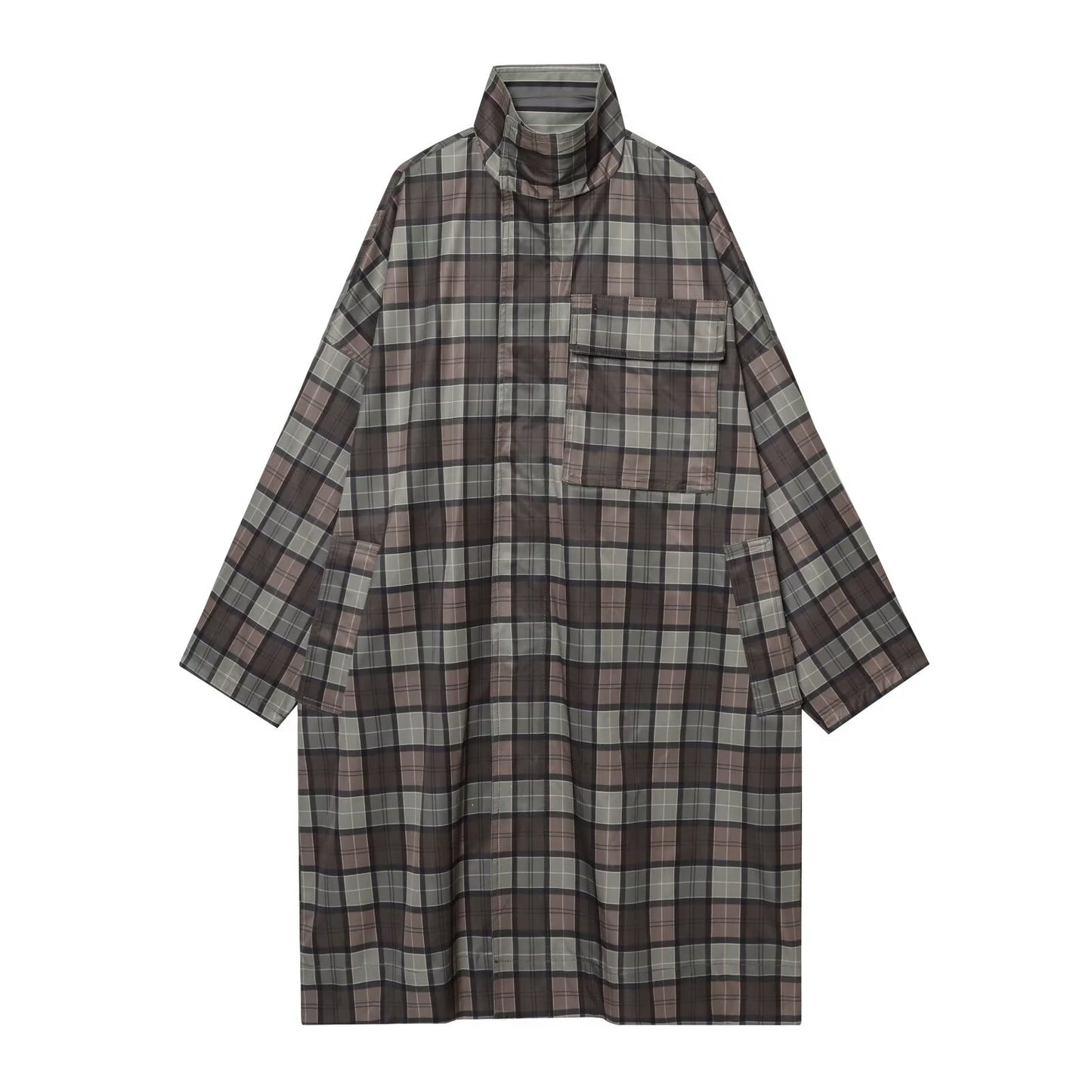Women's loose standing collar plaid Windbreaker coat