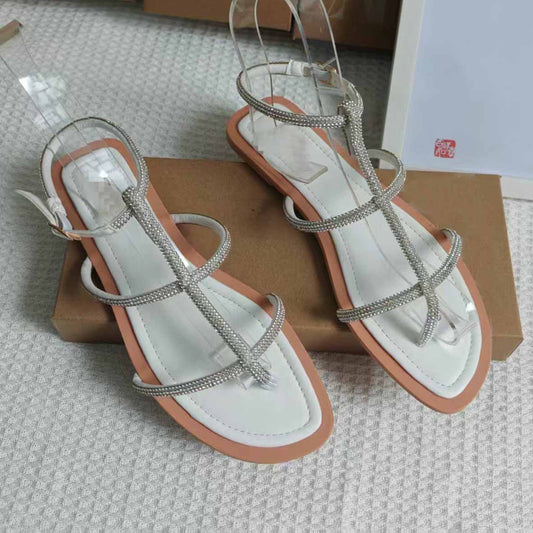 Women's New Casual Joker Toe Rhinestone Snake-wound Flat Sandals