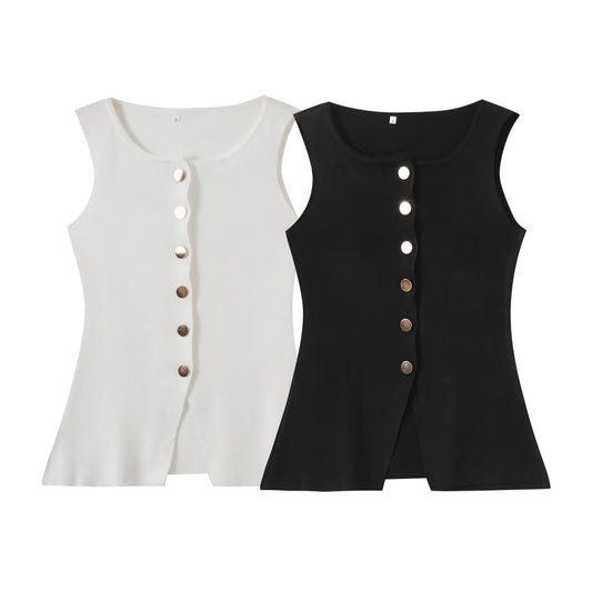 Women's new fashion gold button decoration slim knitted vest retro sleeveless women's vest chic top